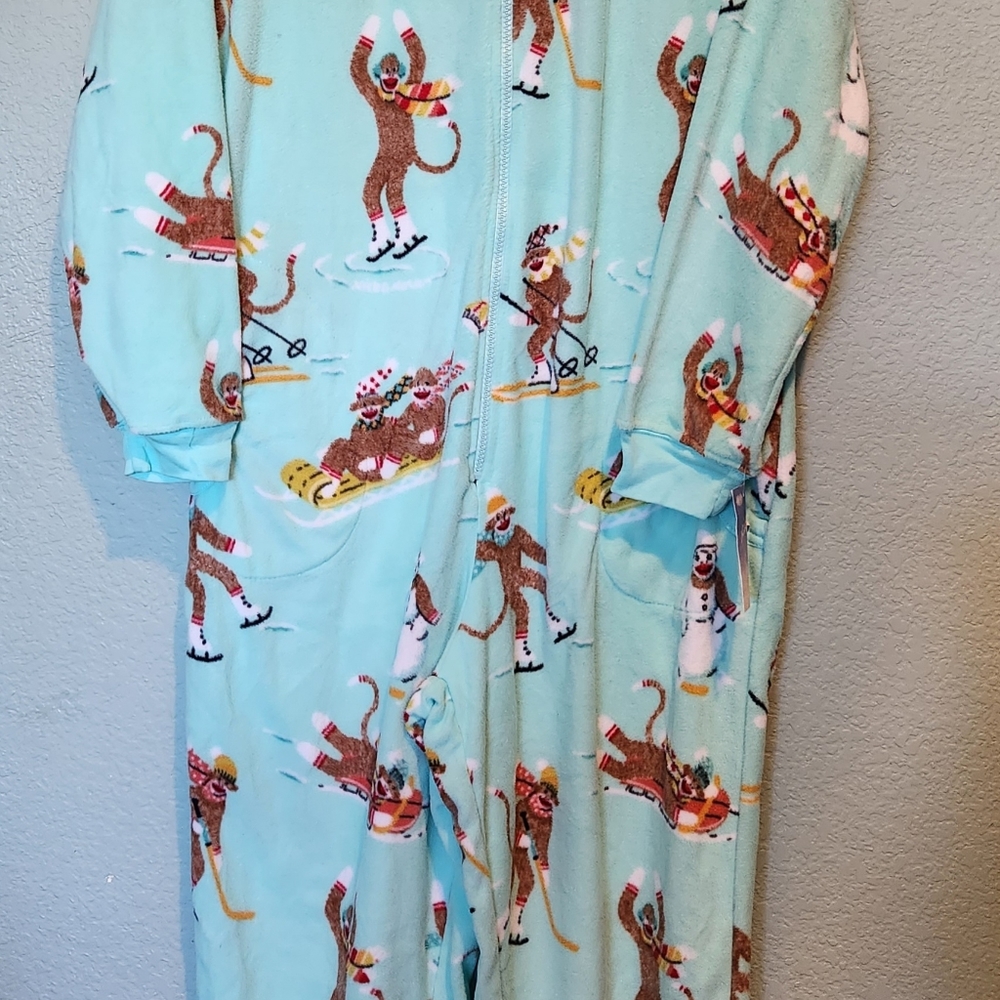 NEW Nick & Nora Sock Monkey Winter One-Piece Fleece Pajamas Non Footed Medium M - Picture 3 of 5